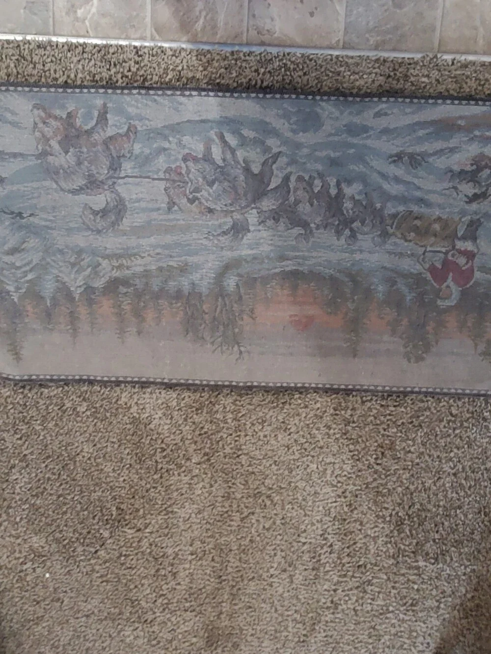 VINTAGE ITALIAN WOVEN PLUSH VELVET DOG SLED WINTER TAPESTRY WINTER MUSHING.